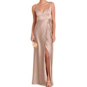 NWT Birdy Grey Cindy Satin Bridesmaid Dress Size L Taupe Wrap Tie Wedding Guest